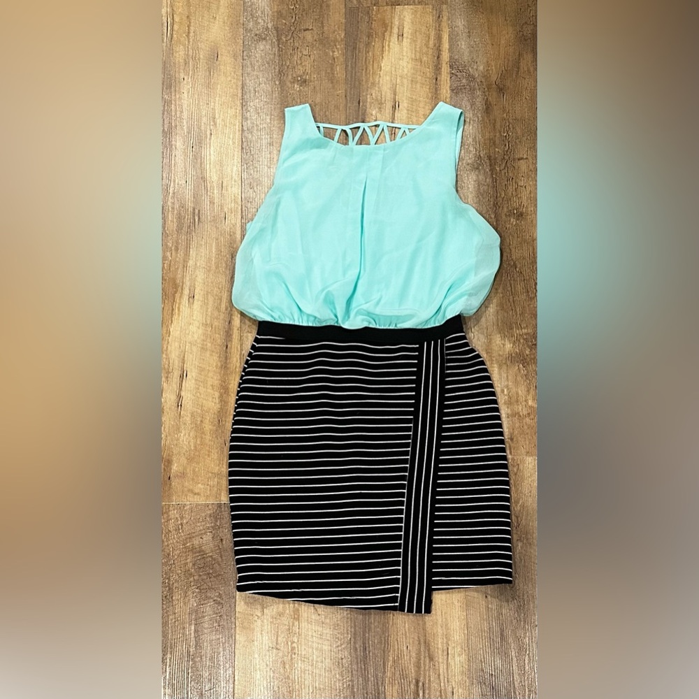 One piece sleeveless dress, teal top-black skirt with white stripes